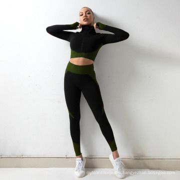 New Arrival Hot Sale Zipper Sports Long Sleeve Suit Fitness Yoga Wear Seamless 2 Piece Workout Set for Women